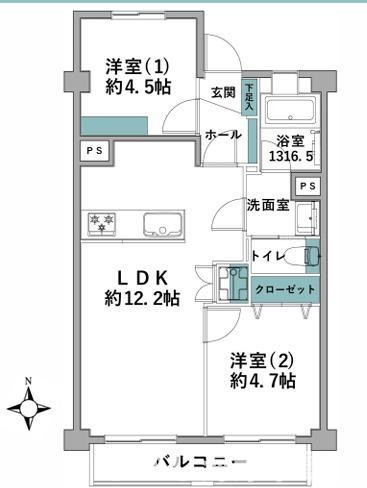 湘南マンションの間取り|南向き　２LDK