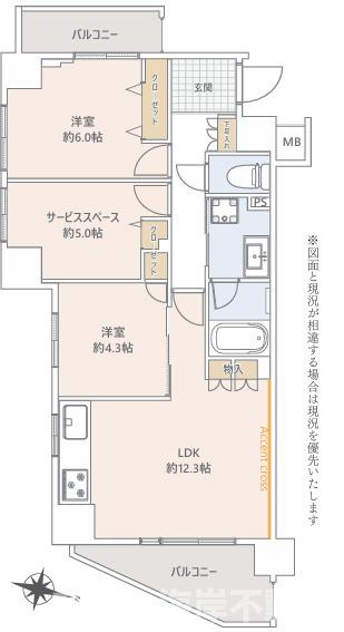 プレディアンスフォート湘南平塚リコットの間取り|２面バルコニー　２SLDK