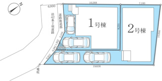 【区画図】 | 茅ヶ崎市南湖4丁目  2号棟 5期 | 2号棟　旗竿地　南西側約4.0ｍ公道（セットバック済・市に移管予定）　駐車2台（車種によります）　敷地面積31.5坪（路地状部分敷地含む）