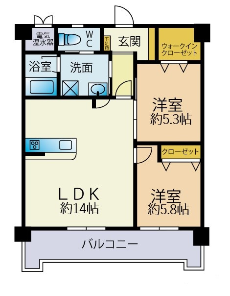 ロワールマンション井尻2の間取り|〇2LDK、価格2499万円、専有面積58.32㎡、バルコニー面積9.06㎡
