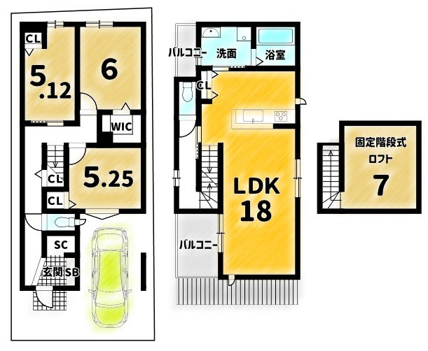 若宮竪町の土地図＋建物プラン例|【建物プラン例】建物価格：1998万円　建物面積：89.31㎡