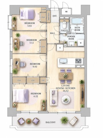 【間取り】 | 東峰マンション大牟田駅南☆仲介手数料無料☆ | ※本図に表示されている家具・家電・照明・インテリア・観葉植物等は、AIによる配置イメージです。実際には設置されておらず、売買対象にも含まれません。図面と現況が相違する場合は、現況を優先いたします