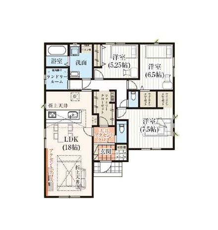 新築　太田市金山町2期　1号棟の間取り|3LDK　建物約29坪　ファミリークロークやウォークインクローゼット、パントリーなど、収納が豊富です！