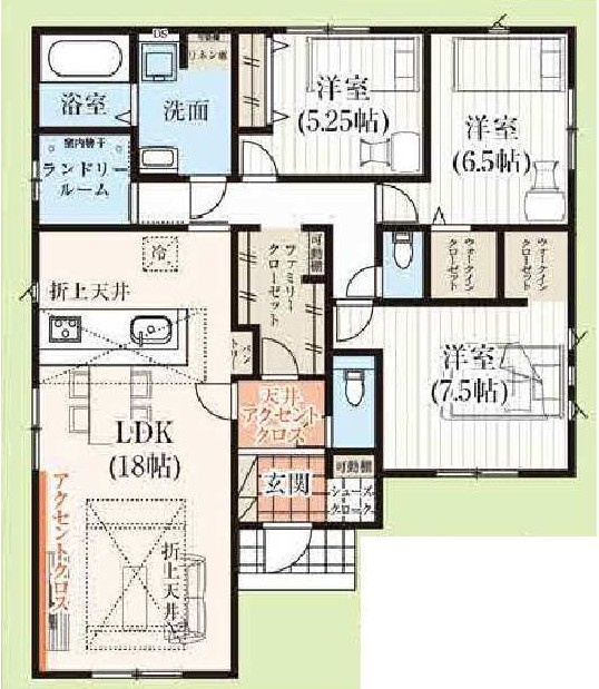 新築　太田市金山町2期　GRAFARE　１号棟	の間取り|建物面積97.71㎡　シューズインクローク・ウォークインクローゼット・ファミリークローク・各部屋収納付きで便利です！ランドリースペースは雨でもお洗濯物もできますね♪
