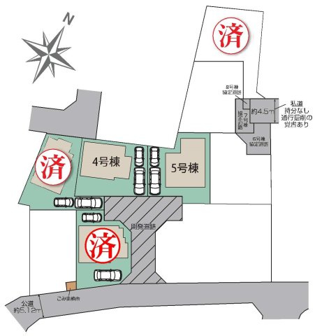 全8棟の美しい街並みに暮らす｜吹抜けとデザイン天井が魅力の新築4LDK住宅★仲介手数料無料★の区画図|開発道路を中心に整然と配置された全8棟の新築分譲地。街並みに統一感があり、車の出入りもしやすいゆとりある区画設計です。