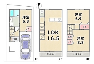 【間取り】 | 中京区壬生森町 | 《1・2号地共通Aプラン》建物価格：1680万円　延床面積：83.52平米（1F:20.04平米　2F:31.74平米　3F:31.74平米）
