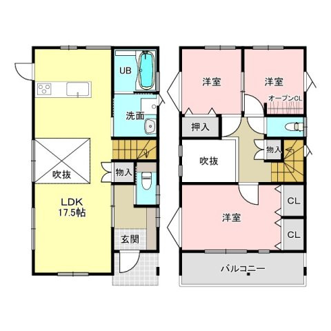 西伊敷4丁目　S-pacio　B棟の間取り|吹抜けで明るいLDKが魅力の3LDK！