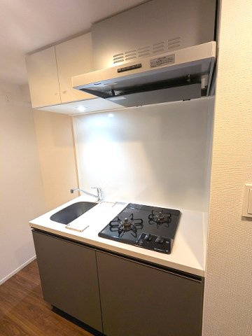 Renaissance Court浅草のキッチン|ガス2口システムキッチン、料理しやすいシンクカバー付、瀟洒でお手入れ楽なガラストップコンロです、洋室と扉で別れた1Kタイプです