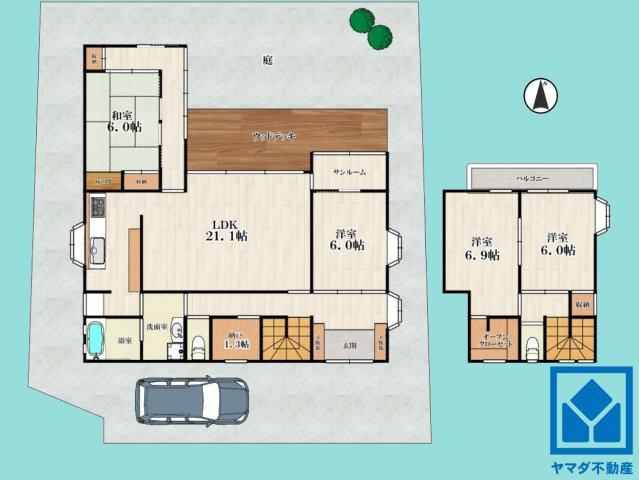 西宮市苦楽園二番町の間取り|4SLDK、土地面積264.47平米、建物面積134.55平米、木造2階建。2017年8月リフォーム済の大変綺麗な住宅です。