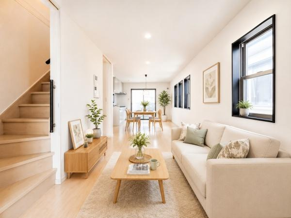 横浜市中区根岸町３丁目の中古一戸建の居間・リビング|家族が自然と集まるリビングは
落ち着きのある空間です♪
※家具等はCGでの参考レイアウトです