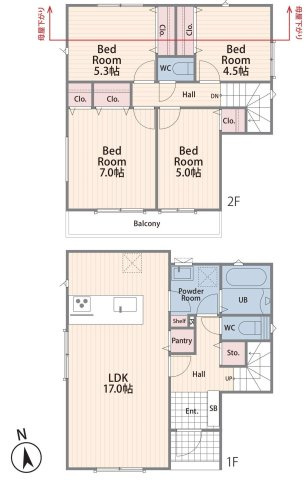 【回遊動線で家事ラク】ZEH水準仕様の快適な住まい｜南向きLDK｜瀬谷区宮沢2丁目★仲介手数料無料★（南瀬谷小学校・南瀬谷中学校）の間取り|約17帖のLDKを中心に、家族が自然と集まる開放的な間取り。パントリーや豊富な収納スペースを備え、毎日の暮らしやすさにも配慮された設計です。