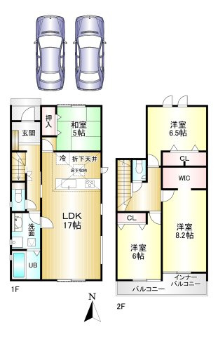 香芝市上中1期　全３棟の間取り|4LDK　土地面積：156.87ｍ2　建物面積：106.82ｍ2　駐車２台可