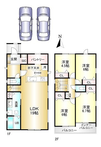 香芝市上中1期　全３棟の間取り|4LDK　土地面積：163.73ｍ2　建物面積：106.82ｍ2　駐車２台可