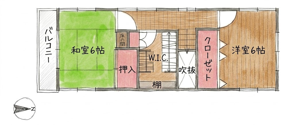 暮らしに寛ぎを生む小上がりリビング採用　東永谷三丁目中古戸建の間取り|【洋室　6帖】
【和室　6帖】
【WIC　3帖】
和室・洋室に加え、大容量のWICを設置。吹抜けが住まい全体に明るさと開放感をもたらします。