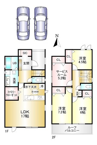 香芝市上中1期　全３棟の間取り|3SLDK　土地面積：174.72ｍ2　建物面積：105.98ｍ2　駐車２台可