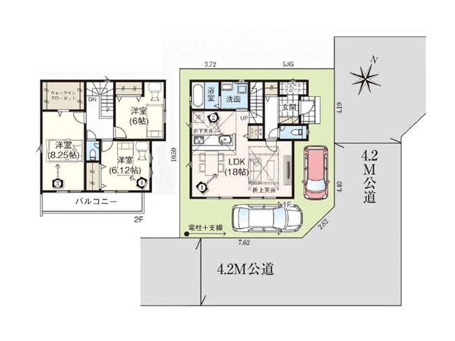 【間取り】 | 川越市寺尾　新築一戸建住宅　全1棟　(ふじみ野店) | 2台駐車可！全居室6帖以上！開放感溢れる南東角地にゆとりの3LDKが誕生！(駐車台数は車種により異なります。)※図面を基に作成しています。現況と異なる場合は現況を優先いたします。