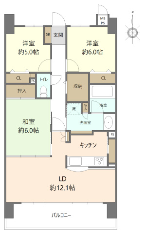 ライオンズマンション武道館前の間取り|75.71㎡/6階部分　陽当たり良好