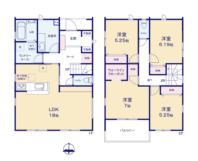 リーブルガーデン  笠間市岩間駅西　第3　2の間取り|　
☆LDKゆったり18帖、全居室に収納スペース配備。脱衣場と洗面室は別になっております。生活動線が重なりにくいので暮らしがスムーズに♪