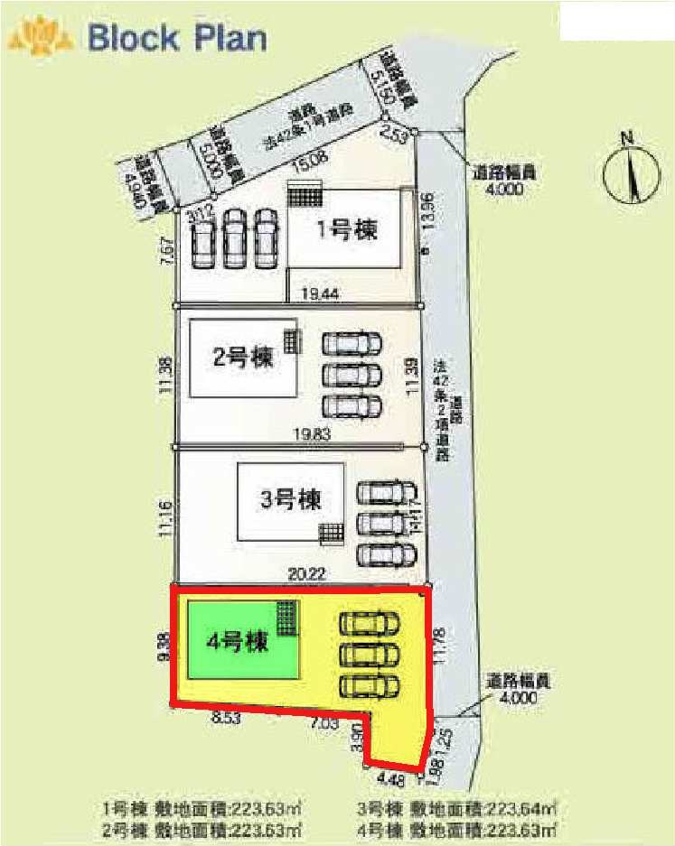 新築　前橋市堀之下町第1　クレイドルガーデン　4号棟の区画図|4号棟　区画図　東側接道幅員約4ｍ
