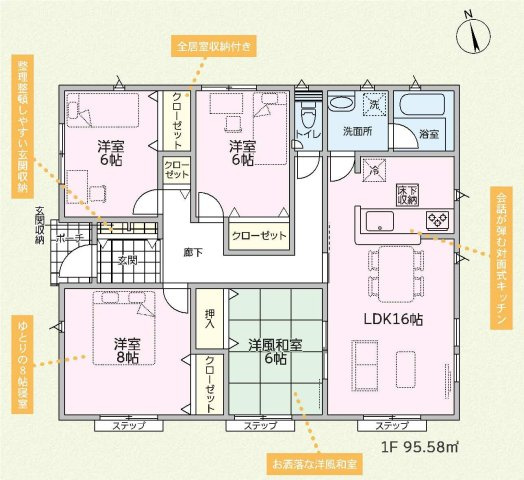 新築　伊勢崎市田中町第2　クレイドルガーデン　1号棟の間取り|建物面積95.58㎡　全居室6帖以上の4LDKの平屋のお家！各部屋収納付きで便利です！
