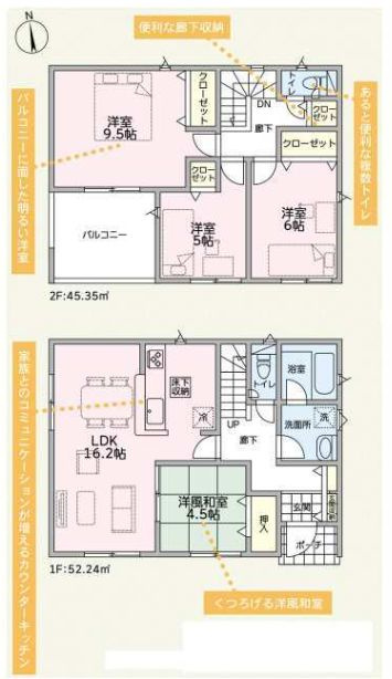 クレイドルガーデン前橋市堀之下町第１　3号棟の間取り|収納充実♪南向きの4LDKで陽当たり良好な間取りです！
土地面積223.64㎡、建物面積97.59㎡で十分な広さです！