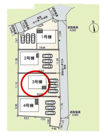 クレイドルガーデン前橋市堀之下町第１　3号棟の区画図|駐車場並列３台以上ＯＫ！陽当たりも良好です☆
