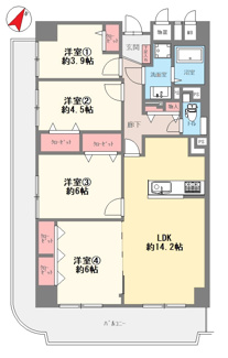 【間取り】 | オリーブハイツ姫島 | ファミリー様におすすめの４LDKの間取りです！角部屋で明るく開放的です！全てのお部屋がバルコニーに面したおります！！