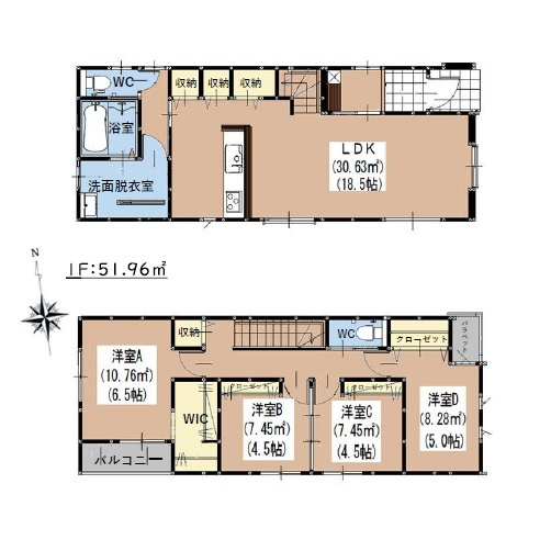 福岡市博多区月隈6丁目第1-2棟（1号棟）の間取り|全居室収納付きで便利です。