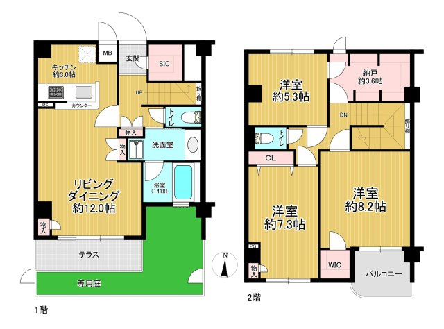 エストビエント住吉ラフィナートの間取り|◆メゾネットタイプ◆対面式カウンターキッチン◆全居室収納・採光有り
