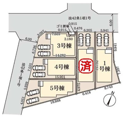 八潮市八潮7丁目　新築戸建　全5棟　4号棟の区画図|家族の車＋来客用にも便利な並列2台駐車可能