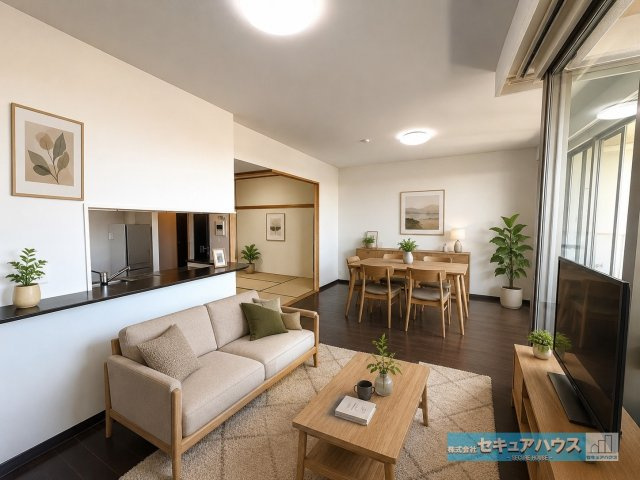 ザシーズンズD棟の居間・リビング|【LDK18.1帖　家具を配置したイメージ図】
◆南向き×大きな窓で陽当たり、通風共に良好♪
◆続き和室付きで開放感があります。
◆対面式キッチンのためリビングの様子を見ながら料理することができます。