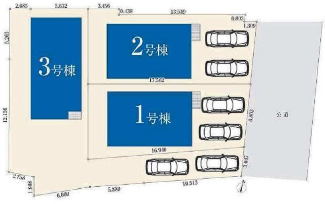 自然と静けさが残る住宅街に佇む、18〜22帖超LDKを備えたゆとりの新築全3棟★仲介手数料無料★の区画図|全3棟の新築分譲地。それぞれカースペース2台分を確保し、前面道路もゆとりある広さ。住戸同士の間隔にも配慮され、開放感とプライバシー性を両立した街並みです。