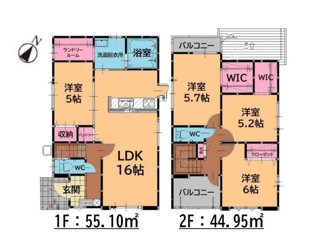 福岡市東区若宮4丁目第5-2棟（1号棟）の間取り|全居室収納付きで便利です。