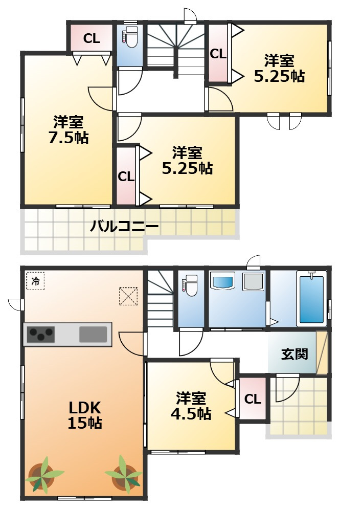 ハートフルタウン宇都宮市鶴田町2488番の間取り|全室南向きで陽当たりの良い間取りです