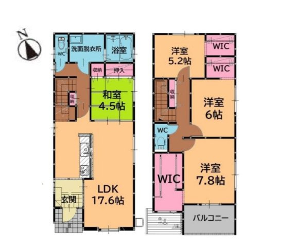 太宰府市通古賀6丁目第1-4棟（3号棟）の間取り|全居室収納付きで便利です。