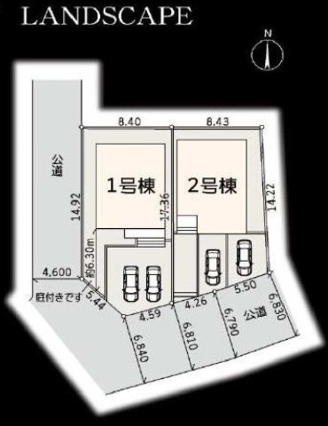 歴史ある街並みと自然が残る住環境。18帖超LDKを備えた全2棟分譲★仲介手数料無料★の区画図|南向き中心の明るい区画配置。各棟カースペース2台分を確保し、開放感ある街並みの中でゆとりある暮らしを楽しめます。