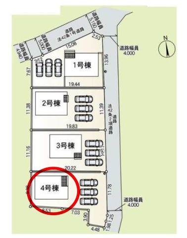クレイドルガーデン前橋市堀之下町第１　4号棟の区画図|駐車場並列３台以上ＯＫ！陽当たりも良好です☆
