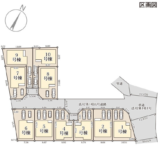 リーブルガーデンうるま市前原・６号棟の区画図|区画図／接道状況：北東側12.4m県道・中央側4.5m私道