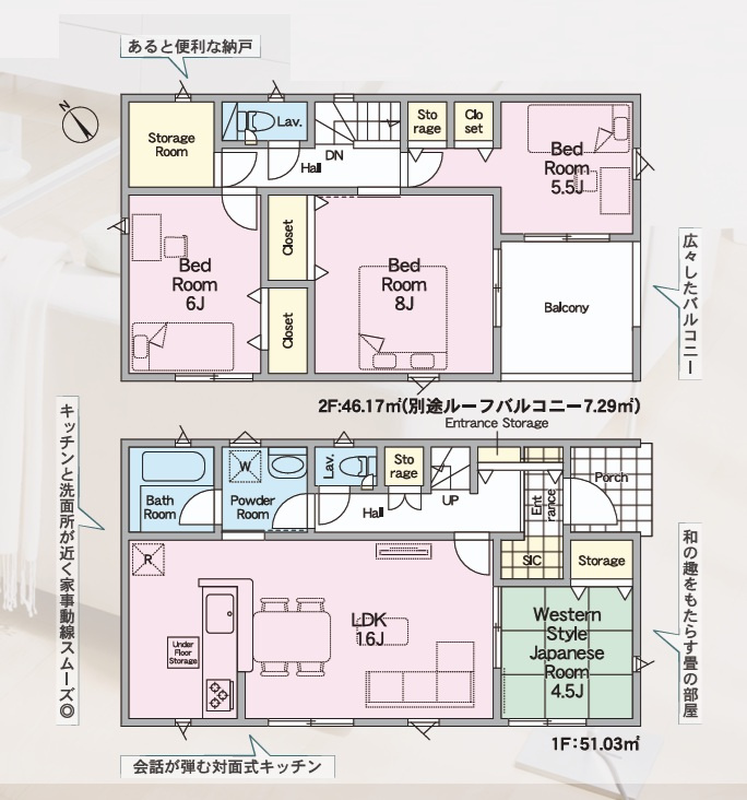 Cradlegarden　 那珂市杉　第3　1の間取り|　
☆洗面室2WAY出入り口で生活動線がコンパクト。全居室に収納スペース付き。土間収納、2階の納戸も嬉しい♪全室明るい南西向きです。