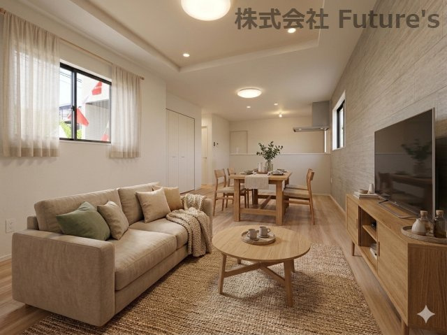 三郷市新和3丁目　新築戸建の居間・リビング|現況の物件写真にCGによる画像処理を行っています。家具、家電、小物、カーテン等はイメージはCGです。
