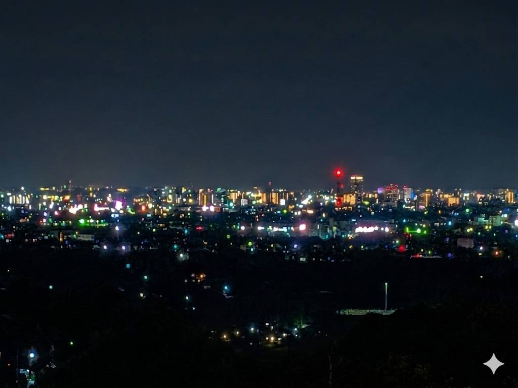 高崎市高浜町　中古戸建 【高台から夜景を望むリゾート邸宅】の展望|高台から市街地を望む夜景と、ライトアップされた邸宅外観。
昼夜で異なる表情を楽しめる、特別感ある一邸です。