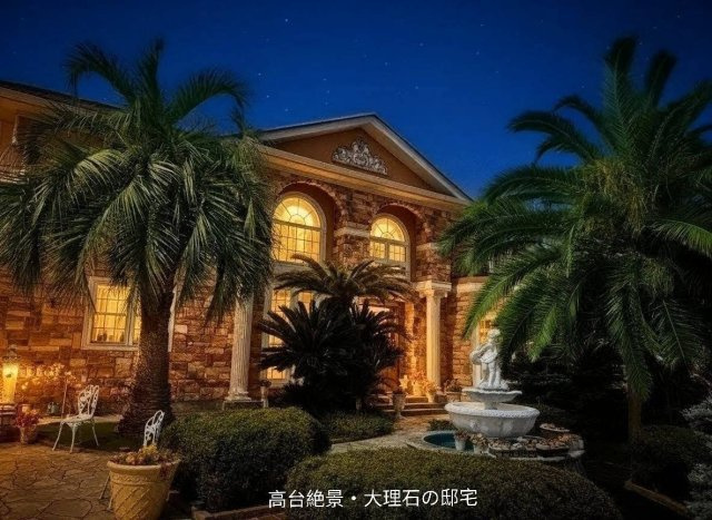高崎市高浜町　中古戸建 【高台から夜景を望むリゾート邸宅】の外観|高台から市街地を望む夜景と、ライトアップされた邸宅外観。
昼夜で異なる表情を楽しめる、特別感ある一邸です。