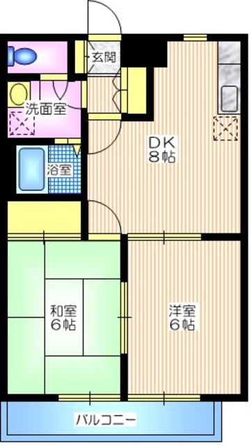ドミールＢの間取り|ゆとりサイズの２ＤＫ　機能的な間取