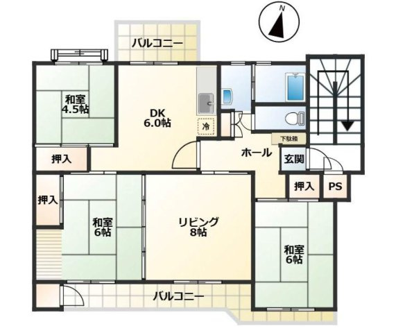【間取り】 | 宮前平グリーンハイツ５号棟 | 3LDKは、リビングダイニングキッチンと3つの居室がある間取り。ファミリー層に非常に人気の高い間取りで、広々としたリビングで家族団らんを楽しみ、個室でプライベートな時間も確保できるのが大きな魅力です。