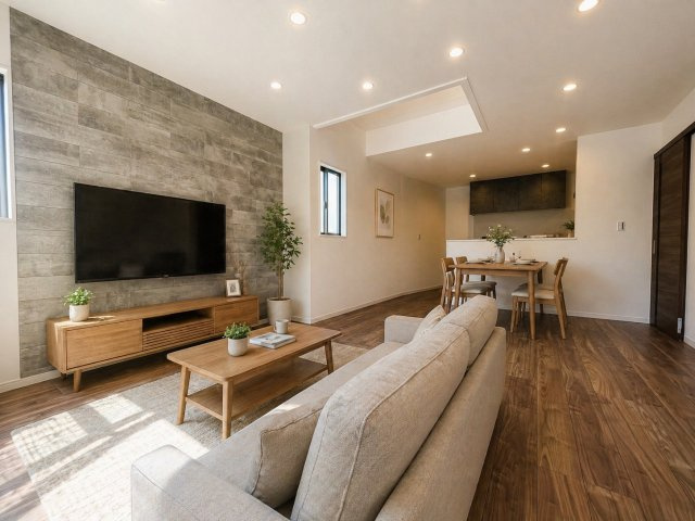 納所町　新築参考Cプラン|【施工例】
吹抜をつくることで、縦にも空間が広がり、お部屋に開放感をもたらす効果がございます。（※家具はCGによるイメージです）