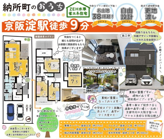 納所町　新築参考Aプランの土地図＋建物プラン例|ゆったりしたお土地では、多彩な新築参考プランが検討可能！間取り変更も承ります♪（Aプラン107.12㎡、建物価格2298万円）