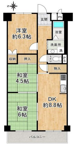 関目グリーンハイツＣ棟の間取り|中古マンション　3DK　専有面積：59.40平米　バルコニー面積：6.48平米　西向き