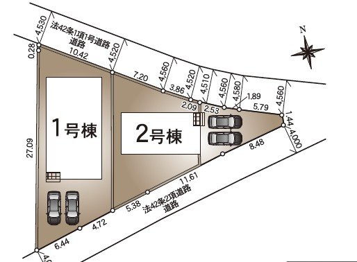 塩尻市広丘吉田　新築戸建の区画図|両面道路に面し風通し良好です。