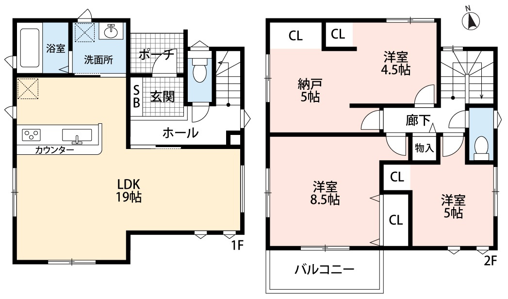 小牧市藤島町居屋敷　新築戸建の間取り|南面の明るいLDK１９帖。南面にお庭あり。
納戸５帖あり。