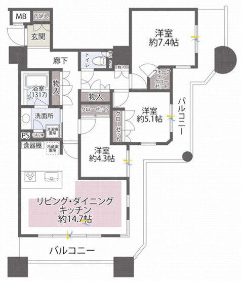 【間取り】 | 石神井公園ピアレス　A棟　(保谷店) | 採光・通風・眺望良好な32階角住戸！随所に収納を備えたゆとりある間取りです。広々としたバルコニー付で開放感に溢れています。※図面を基に作成しています。現況と異なる場合は現況を優先いたします。
